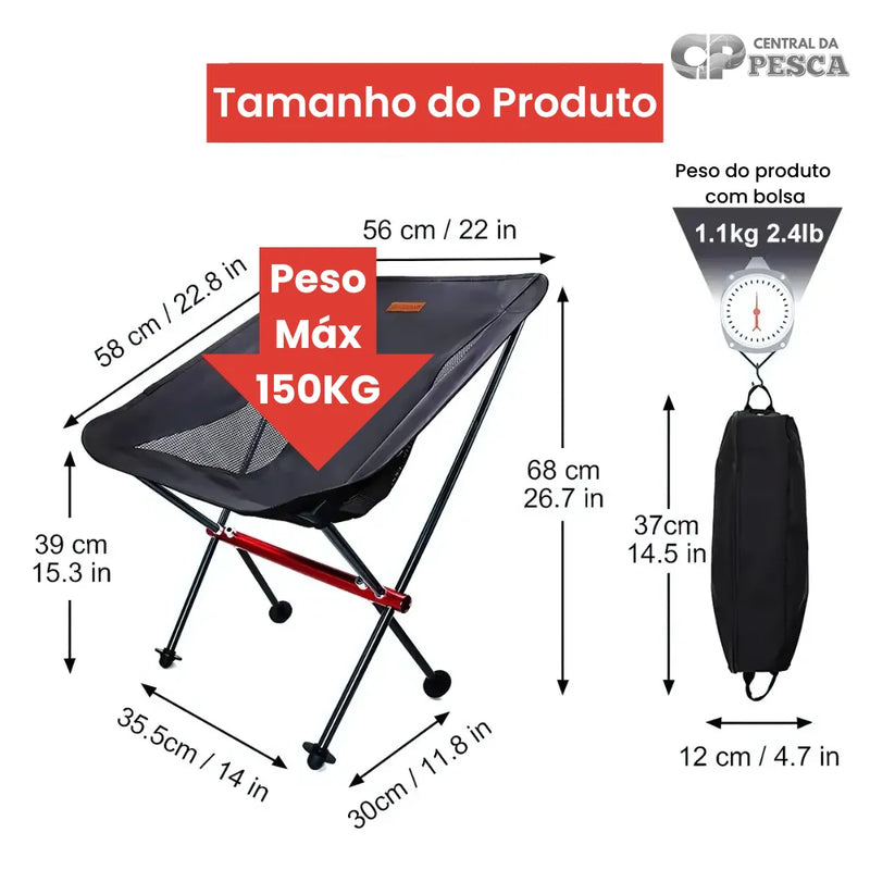 Cadeira de Acampamento e Pesca para relaxar | Material Respirável que Suporta até 150Kg