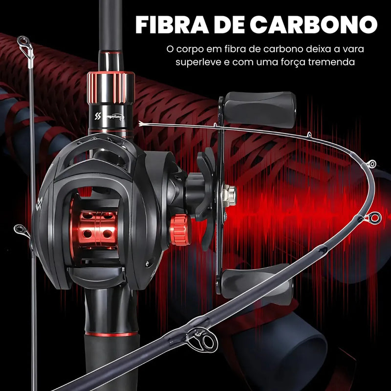 Conjunto CarbonFiber 3 em 1 | Vara de pescar de Fibra de Carbono + Carretilha Recolhimento 7.2:1 e 10Kg de DRAG + Linha de Brinde | Central da Pesca